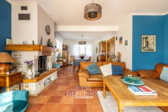 Salon avec cheminée feu de bois